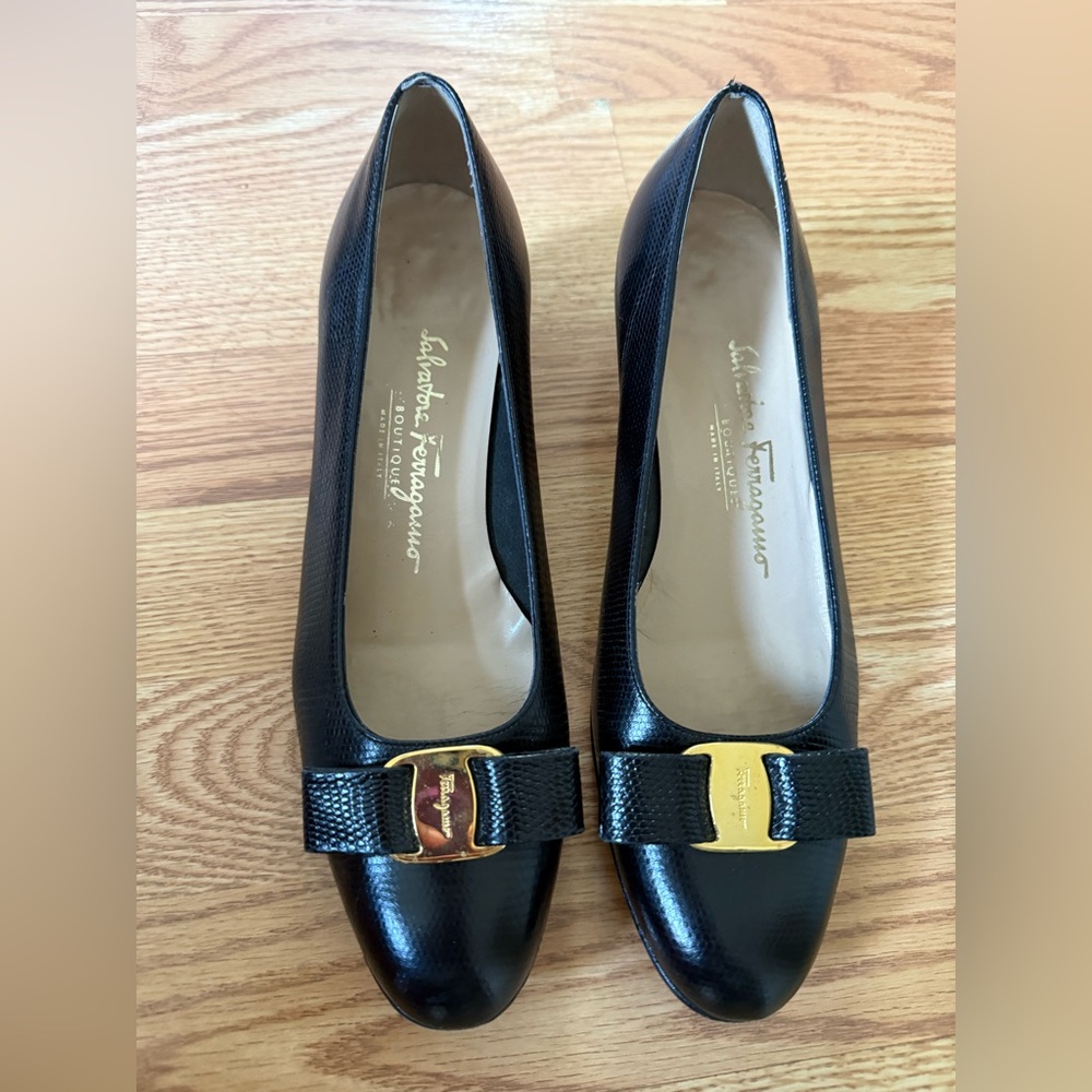 Salvatore Ferragamo Black Heels with Gold Buckle